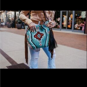 Turquoise Patterned Fringe Shoulder Bag
